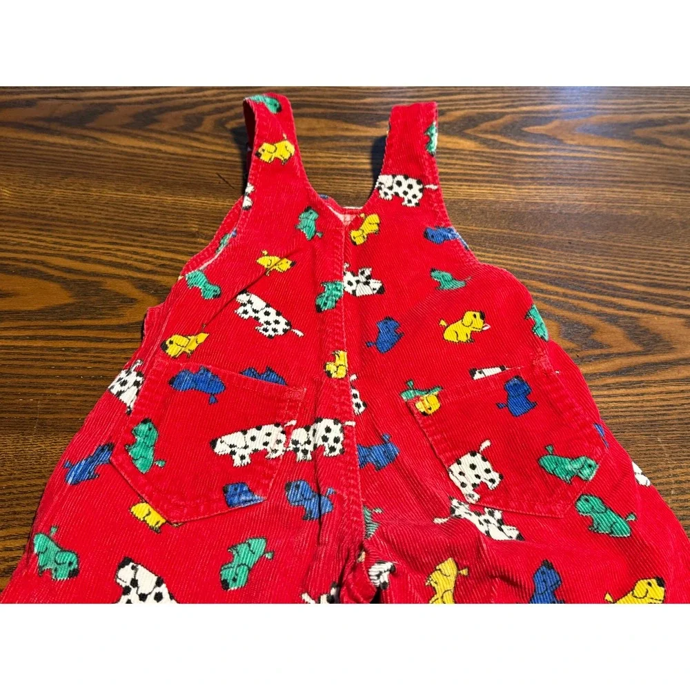 Vintage 90s Carters Red Corduroy Dog Print Overalls Kids 2T Dalmatian Bibs